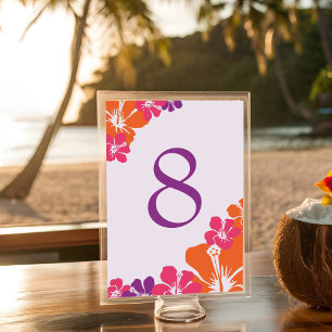Tropical Orange Pink Purple Hibiscus Wedding Table Number