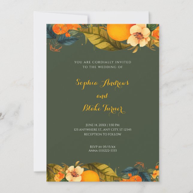 Tropical Oranges and Flowers Green Wedding  Invitation (Front)