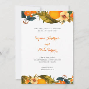 Tropical Oranges and Flowers White Wedding  Invitation