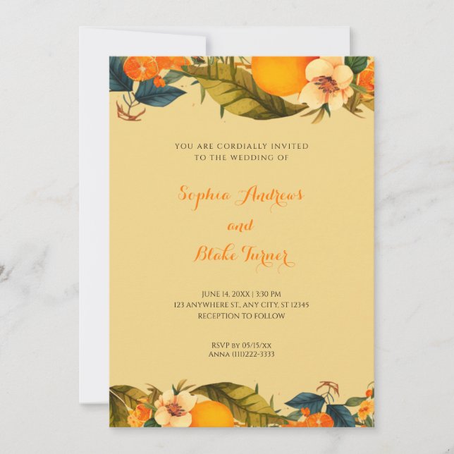 Tropical Oranges and Flowers Yellow Wedding  Invitation (Front)