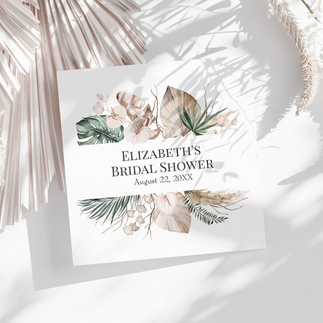 Tropical Orchid and Monstera Bridal Shower Napkin (Tropical Orchid and Monstera Paper Napkin on a sunny white table.)