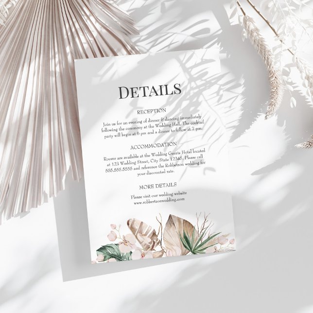Tropical Orchid and Monstera Wedding Details Card (Tropical Orchid and Monstera Wedding Details Card on a sunny white table.)