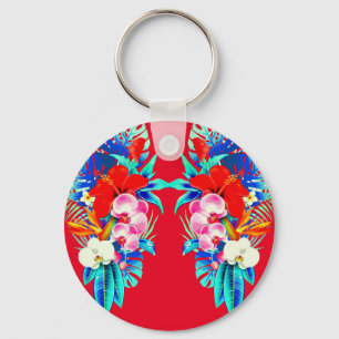Tropical orchid and palm leaves Hawaiian floral Key Ring