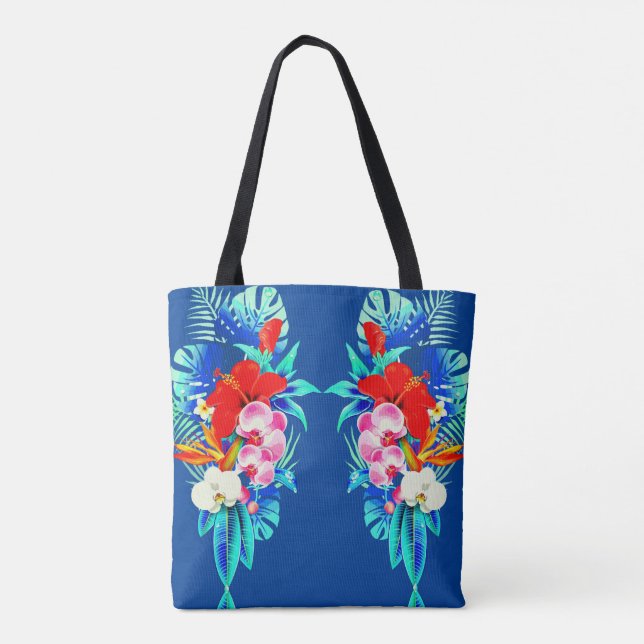 Tropical orchid and palm leaves Hawaiian floral Tote Bag (Back)