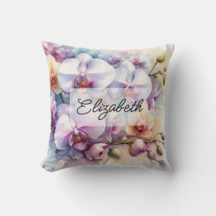 Tropical orchid flowers floral watercolor and name cushion