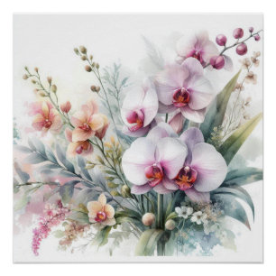 Tropical Orchid Flowers Pastel Watercolor  Poster
