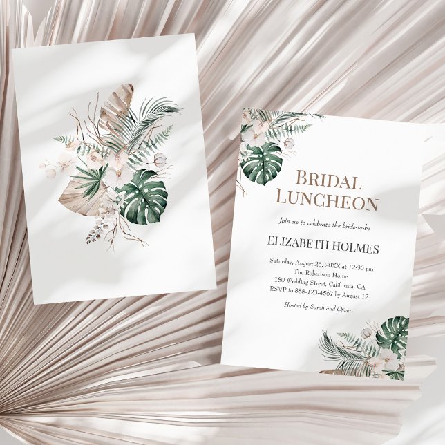 Tropical Orchid Monstera Bridal Luncheon Invitation (Tropical Orchid Monstera Bridal Luncheon Invitation on a sunny neutral dry palm leaf.)