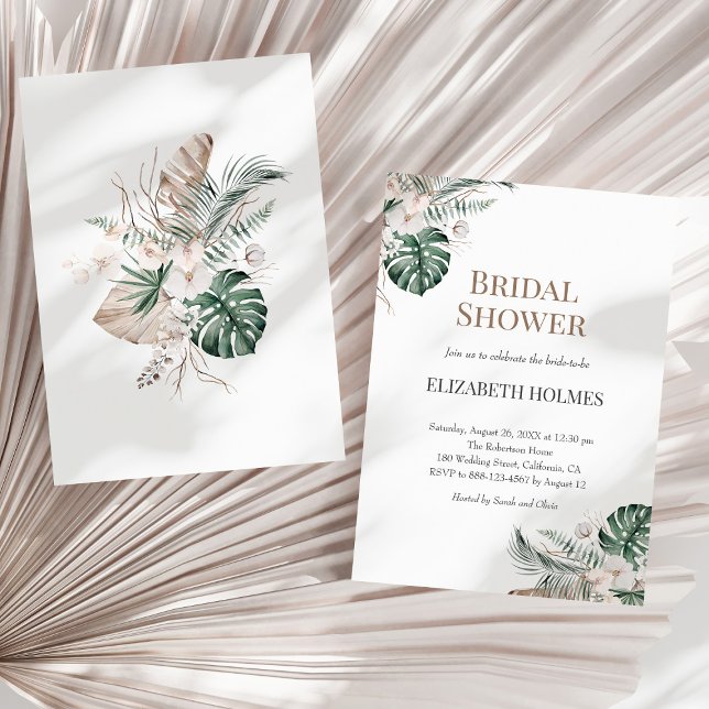 Tropical Orchid Monstera Bridal Shower Invitation (Tropical Orchid Monstera Bridal Shower Invitation on a sunny neutral dry palm leaf.)
