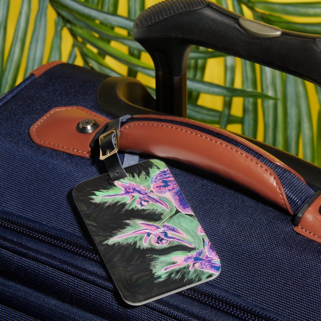 'Tropical Orchid' Painting on a  Luggage Tag (Front Insitu 1)