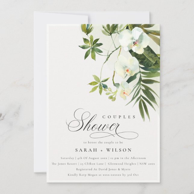 Tropical Orchid Palm Fauna Couples Shower Invite (Front)