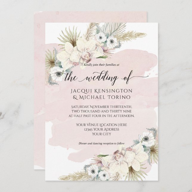 Tropical Orchid Palm Greenery Modern Watercolor Invitation (Front/Back)