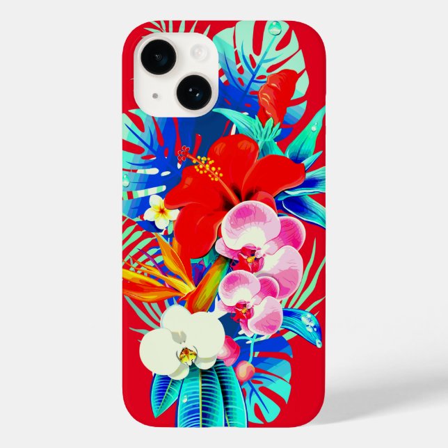 Tropical orchid palm leaf Hawaiian floral red Case-Mate iPhone Case (Back)