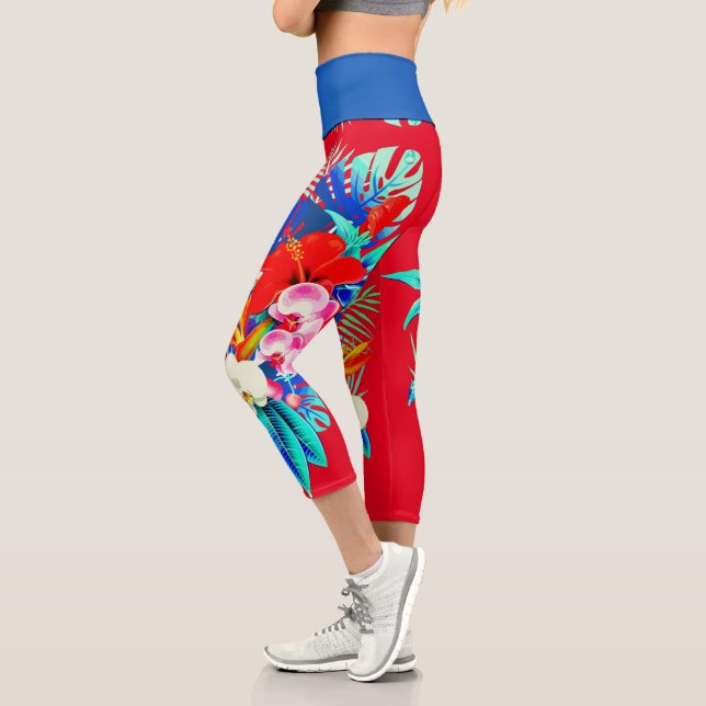Tropical orchid palm leaves Hawaiian floral red Capri Leggings (Left)