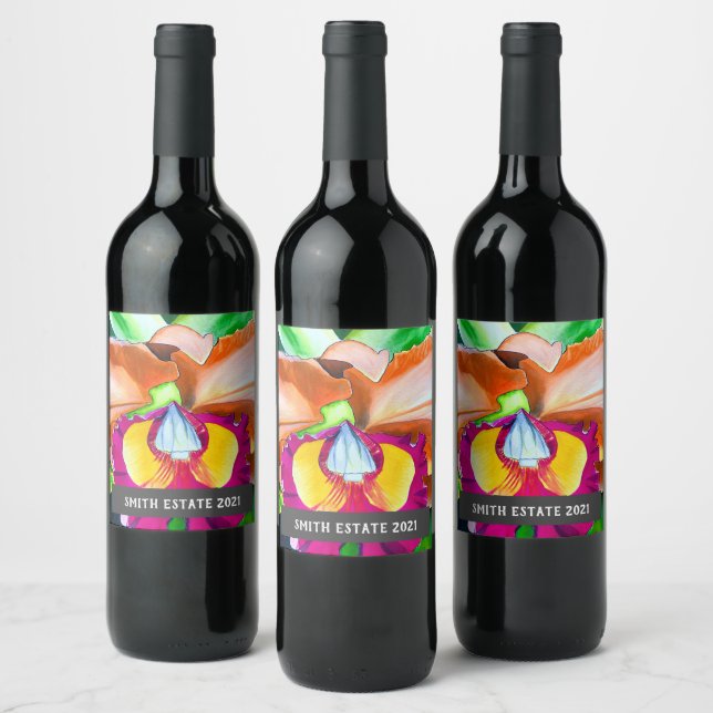 Tropical orchid watercolor art wine label (Bottles)