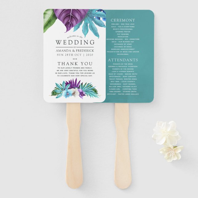 Tropical Orchids Geometric Wedding Program Hand Fan (Front and Back)