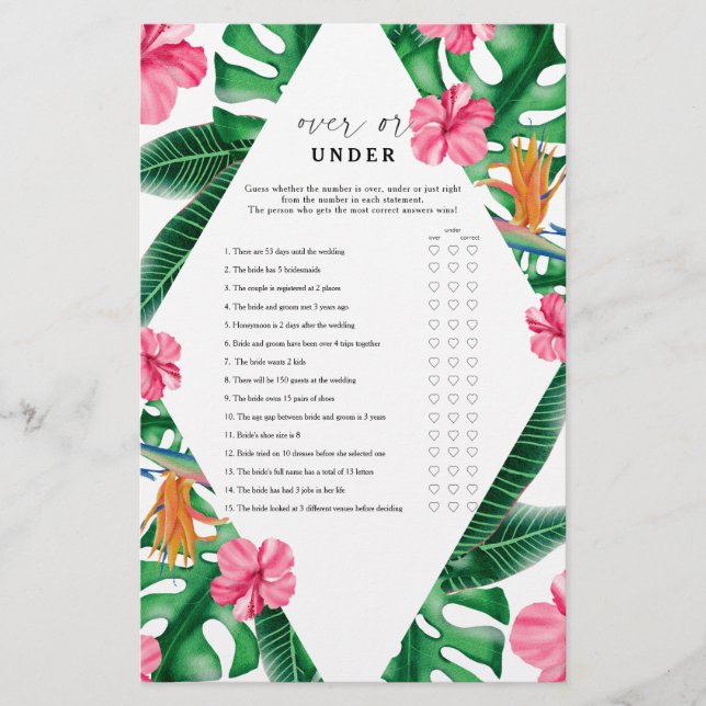 Tropical - Over or under bridal shower game (Front)