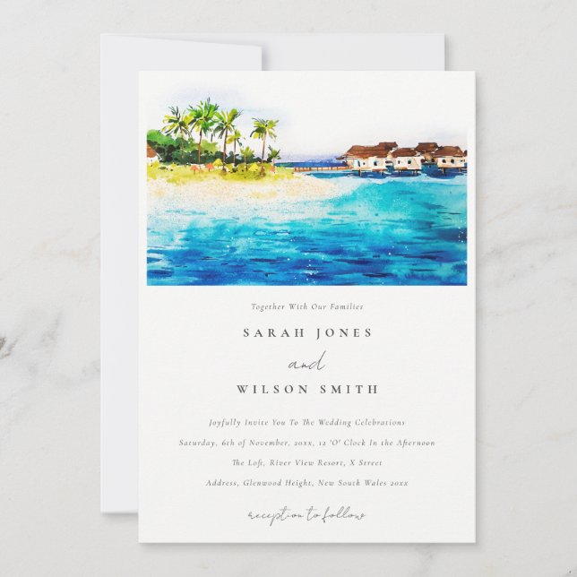 Tropical Overwater Villa Seascape Beach Wedding Invitation (Front)