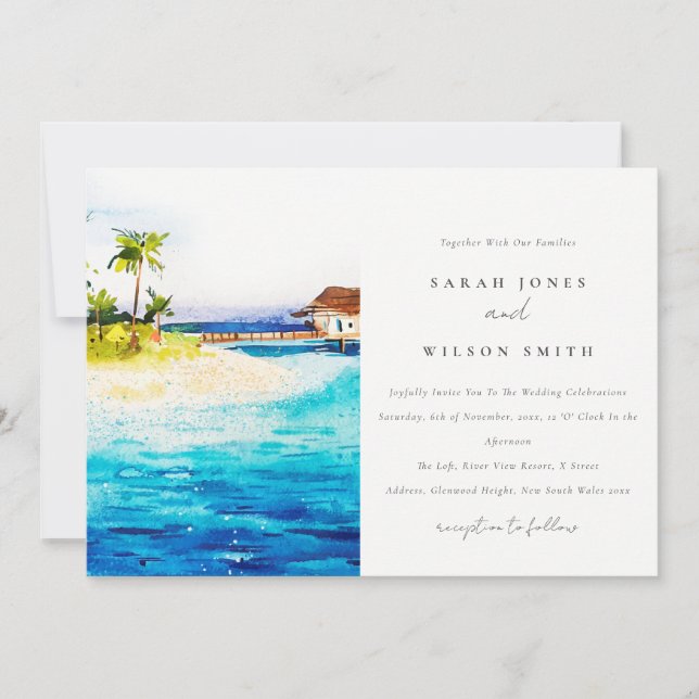 Tropical Overwater Villa Seascape Beach Wedding Invitation (Front)