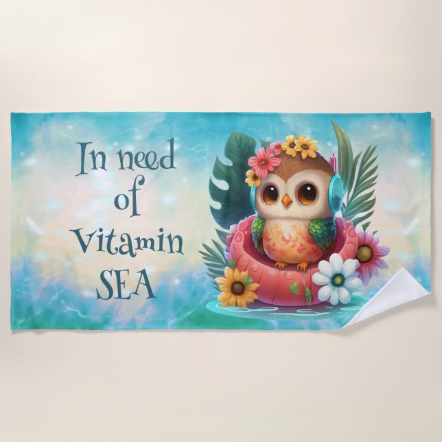 Tropical Owl Needs Vitamin Sea Beach Towel (Front)
