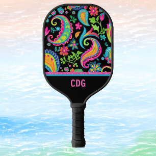 Tropical Paisley and Floral Pattern with Monogram Pickleball Paddle