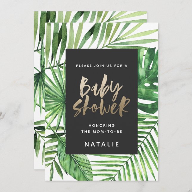 Tropical palm and gold script baby shower invite (Front/Back)