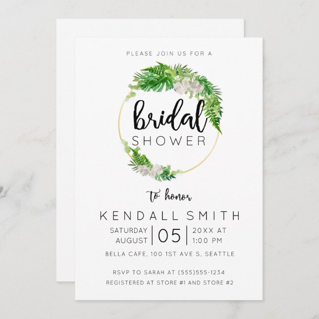 Tropical Palm and Greenery Wreath Bridal Shower Invitation (Front/Back)