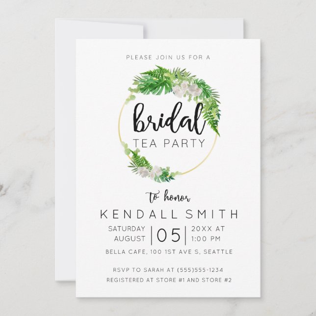 Tropical Palm and Greenery Wreath Bridal Tea Party Invitation (Front)