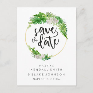 Tropical Palm and Greenery Wreath Save the Date Announcement Postcard