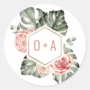 Tropical Palm and Roses Wedding Monogram Classic Round Sticker