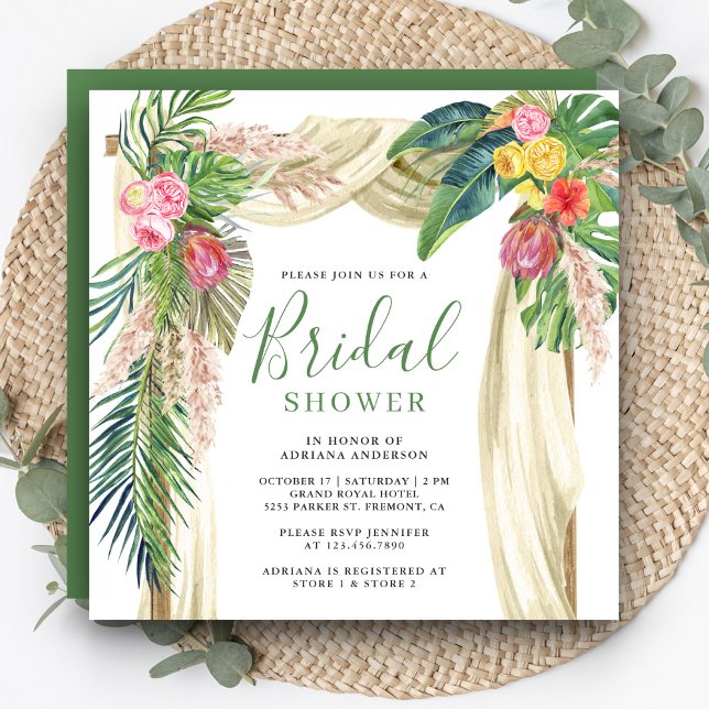 Tropical Palm Beach Boho Pampas Arch Bridal Shower Invitation (Creator Uploaded)