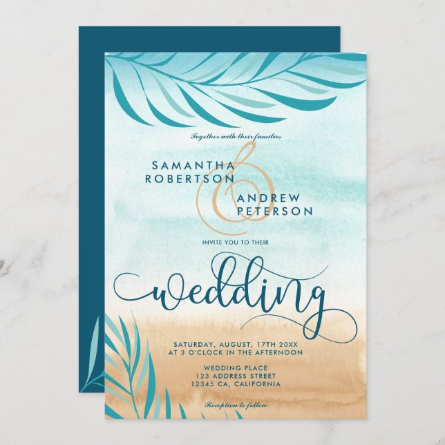 Tropical palm beach chic wedding script invitation (Front/Back)