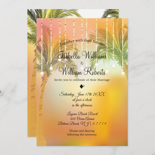 Tropical Palm Beach String Lights Wedding Invitation (Front/Back)