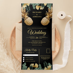 Tropical Palm Black Gold Pineapple Wedding Tri-Fold Invitation