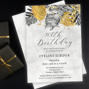 Tropical Palm Black White Gold 100th Birthday Invitation