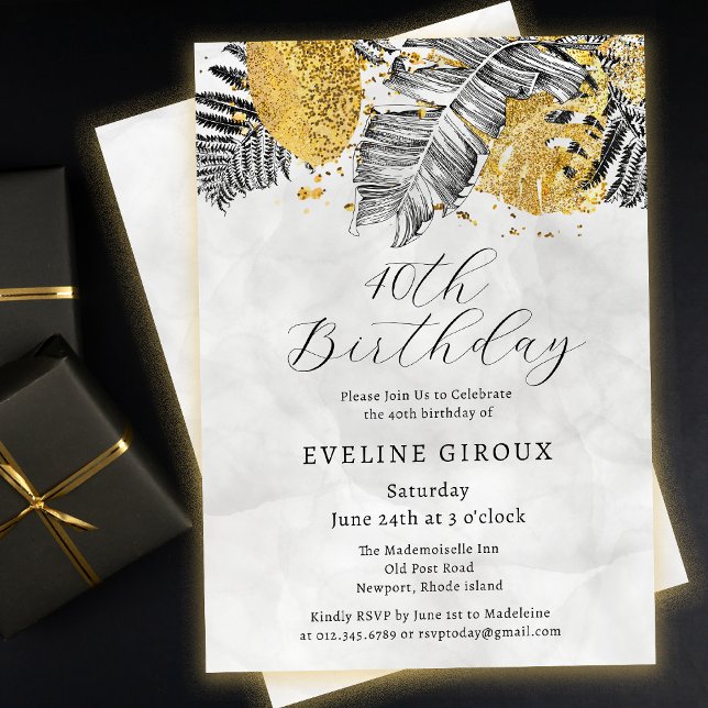 Tropical Palm Black White Gold 40th Birthday Invitation (Creator Uploaded)