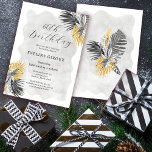 Tropical Palm Black White Gold 60th Birthday Invitation<br><div class="desc">Elegant and chic tropical palm bridal shower invitation features two arrangements of black line drawn palm leaves and gold textured foliage. The birthday heading is written in a modern and open script. A soft and romantic grey watercolor wash pulls the design together on the front and back. Very easy to...</div>