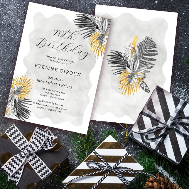 Tropical Palm Black White Gold 70th Birthday Invitation (Need matching tropical palm welcome signs or party supplies? Message me!)