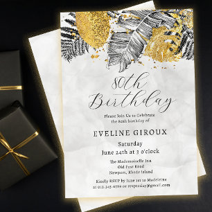 Tropical Palm Black White Gold 80th Birthday Invitation