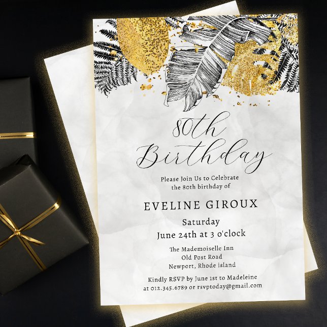 Tropical Palm Black White Gold 80th Birthday Invitation (Need matching black and gold tropical palm party supplies? Message me!)
