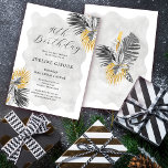 Tropical Palm Black White Gold 90th Birthday Invitation<br><div class="desc">Elegant and chic tropical palm bridal shower invitation features two arrangements of black line drawn palm leaves and gold textured foliage. The birthday heading is written in a modern and open script. A soft and romantic grey watercolor wash pulls the design together on the front and back. Very easy to...</div>