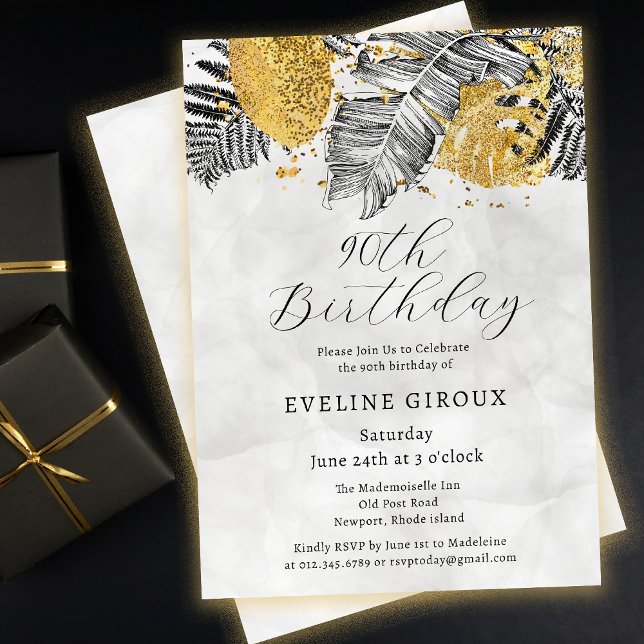 Tropical Palm Black White Gold 90th Birthday Invitation (Need matching black and gold tropical palm party supplies? Message me!)