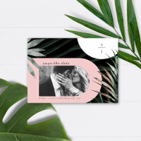 Tropical Palm Blush Pink Monogram Save The Date