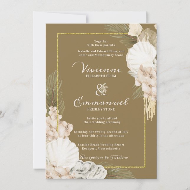 Tropical Palm Boho White Floral Wedding Invitation (Front)