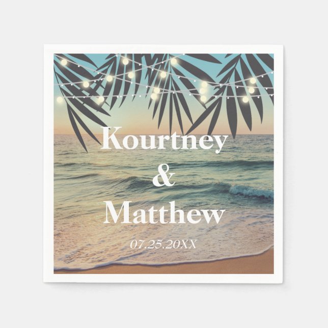Tropical Palm Custom Wedding Beach String Lights Napkin (Front)