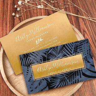 Tropical palm elegant navy gold script typography business card