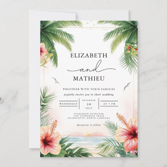 Tropical Palm Floral Arch Wedding Invitation (Front)