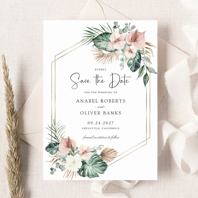 Tropical Palm Floral Blush Geometric Save the Date Invitation (Creator Uploaded)
