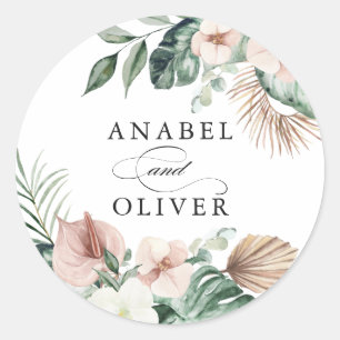 Tropical Palm Floral Blush Greenery Boho Envelope Classic Round Sticker
