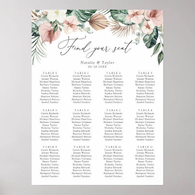 Tropical Palm Floral Blush Wedding Seating Chart (Front)