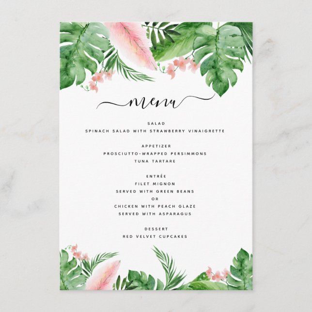Tropical Palm Floral Watercolor Blush Pink Wedding Menu (Front)